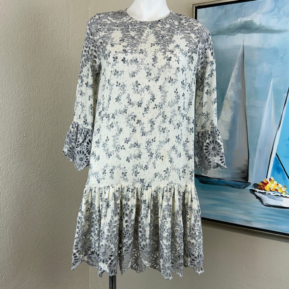 Ganni Dress “Emile” Broderie Anglaise Bell Sleeve in vanilla/blue Size 38 = US 6 - Picture 3 of 7